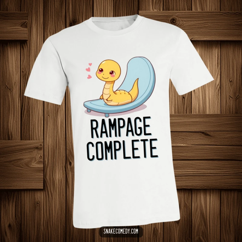 Funny t-shirt showing a coiled snake character exhaling with contentment after a smooth descent down a ramp, exuding pure bliss.