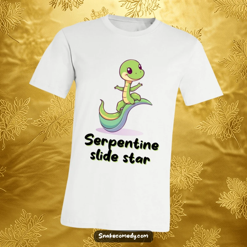 Funny t-shirt depicting a giddy snake character precariously balancing on a winding, fun-filled slide, radiating excitement.