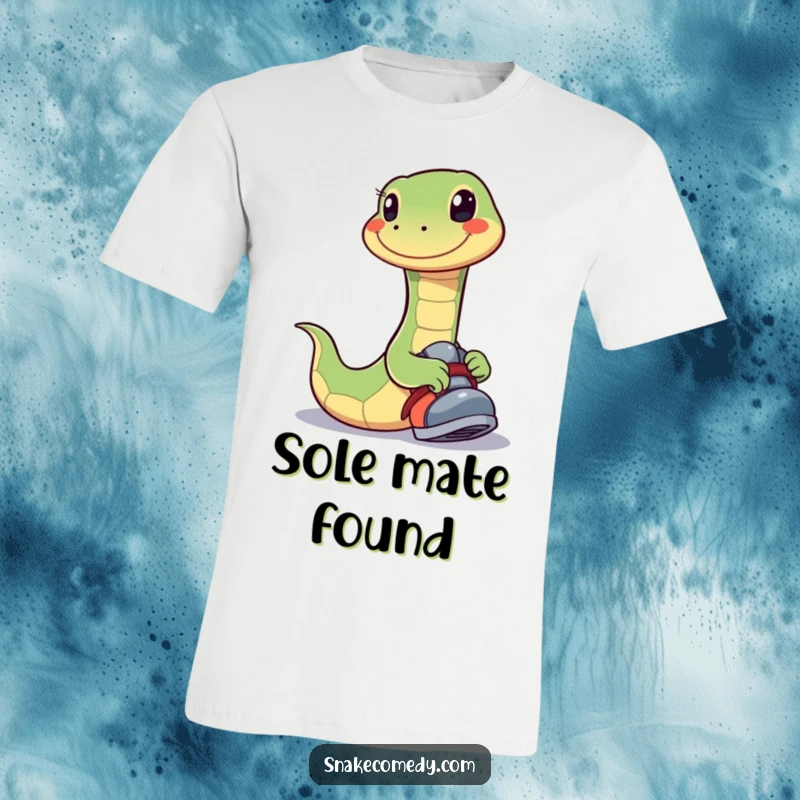 Funny t-shirt depicting a snake with a big, happy smile playfully trying on a shoe, radiating pure delight.