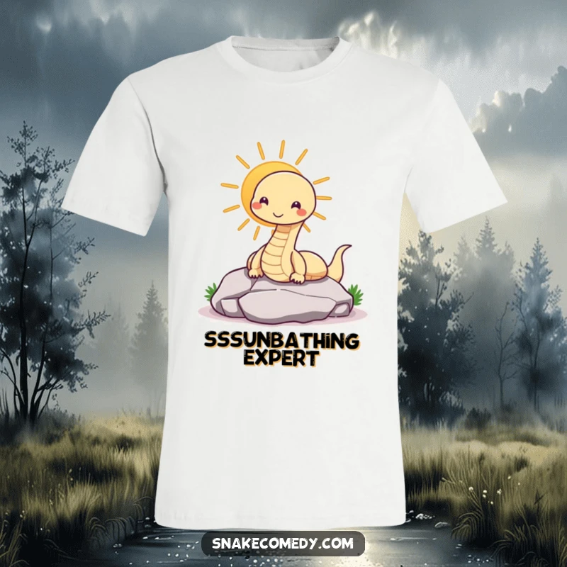 Funny snake t-shirt featuring a contented snake basking on a rock, radiating warmth and humorous relaxation.