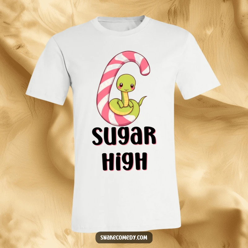 Funny t-shirt featuring a happy snake character luxuriating atop a huge, vibrant striped candy cane, exuding pure holiday bliss.