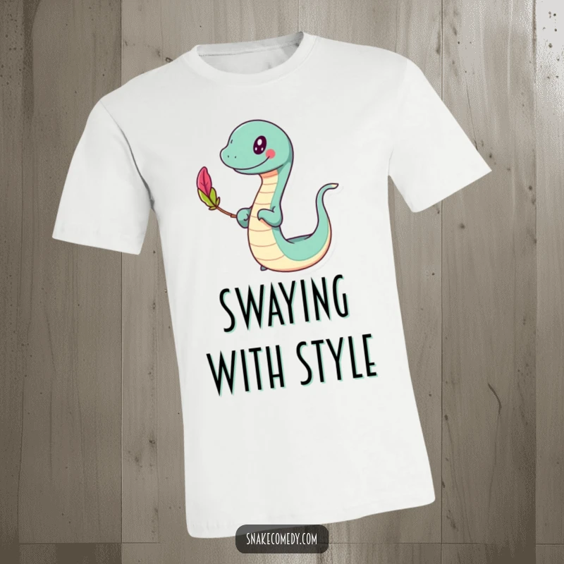Funny slithering t-shirt, happy character swaying while balancing a colorful feather, promoting balance and joy, a funny gift.