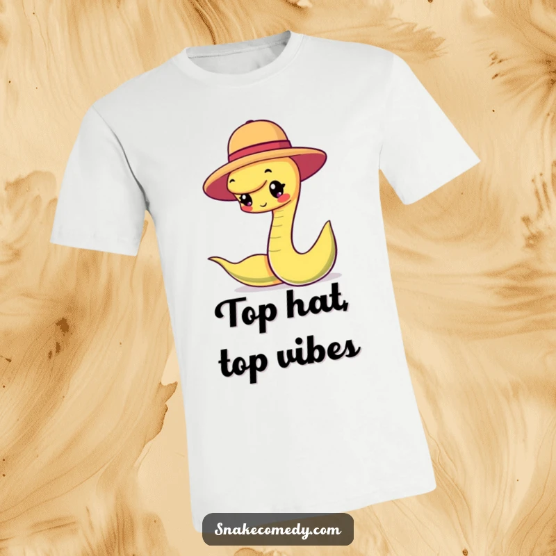Funny snake character happily balancing a small round hat, a stylish and whimsical t-shirt for fashion-forward animal lovers.
