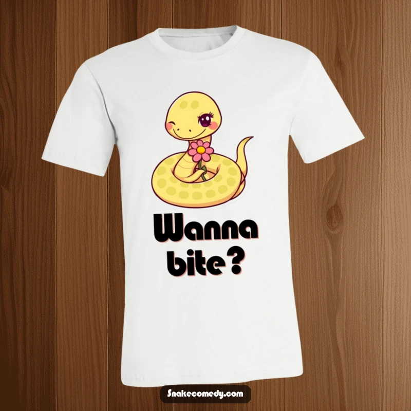 Funny coiled snake winking and offering a flower on a T-shirt, highlighting a sweet and humorous animal interaction.