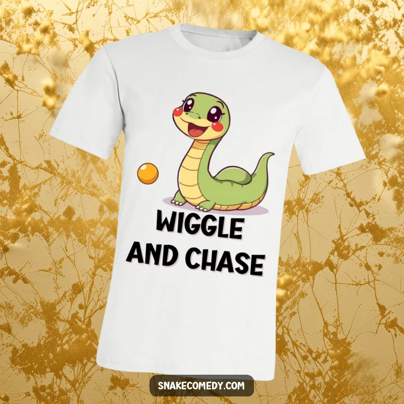 Funny Snake Ball T-Shirt: A hilariously excited snake is shown mid-wiggle, eagerly pursuing a red bouncing ball.