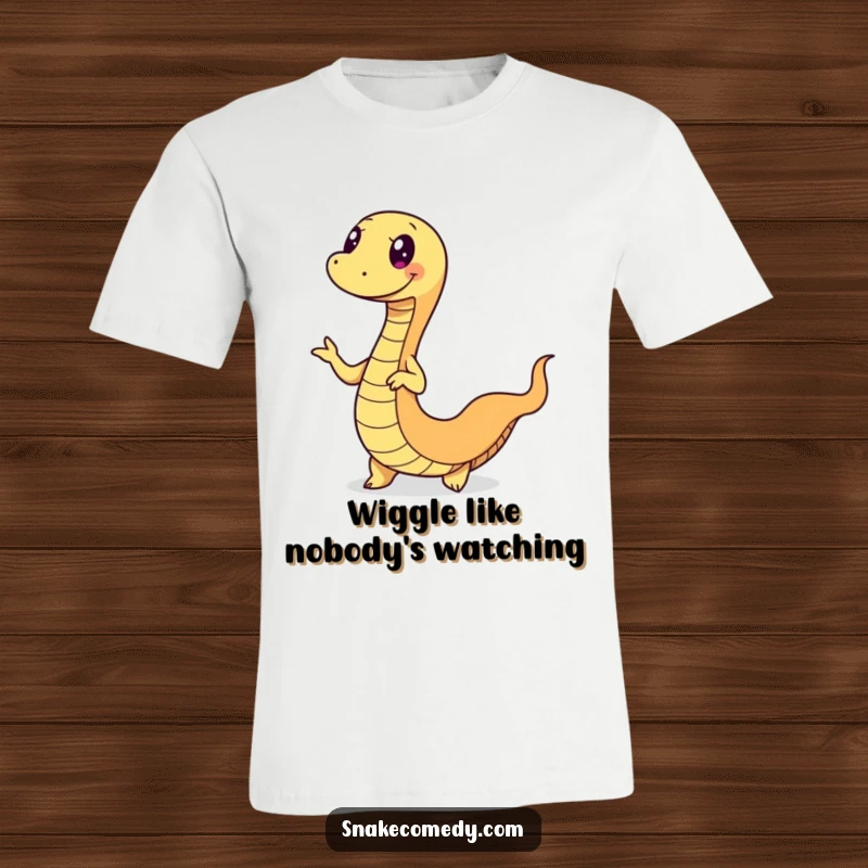 Funny snake t-shirt depicting a happy serpent doing a fun wiggle dance, its body in dynamic, joyful motion.
