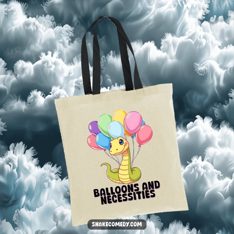 Funny Snake Tote Bag: A delighted snake is playfully entwined with a bunch of vibrant balloons, perfect for carrying essentials.