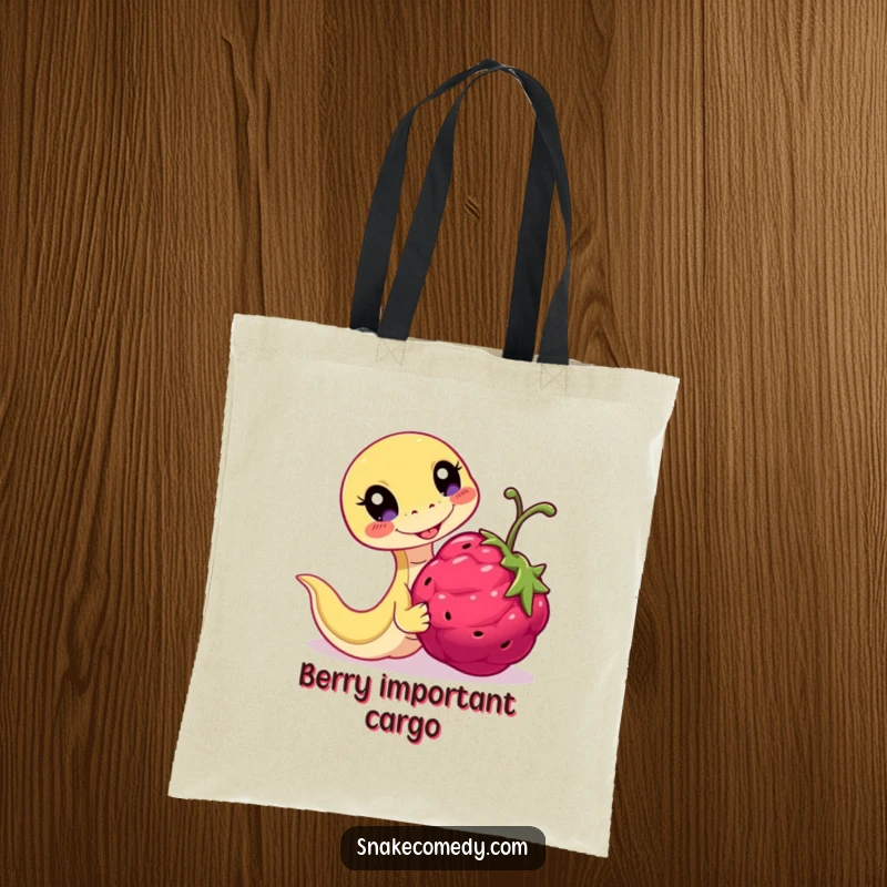Funny Playful Snake Tote Bag: serpent chasing a rolling berry, ideal for carrying fun and essentials.