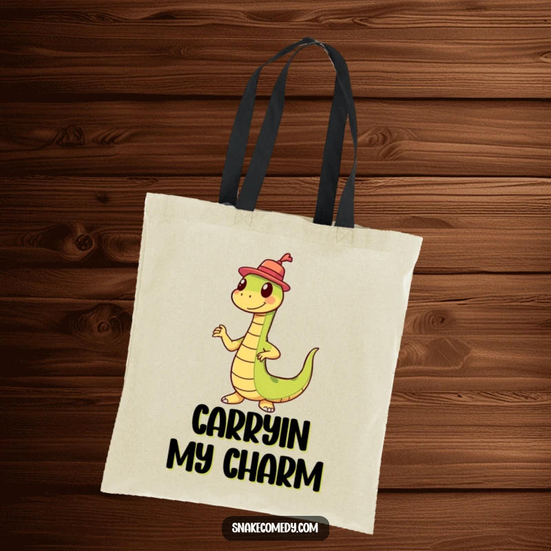 Funny dancing snake with a miniature hat on a durable tote bag, perfect for stylishly carrying humorous items.