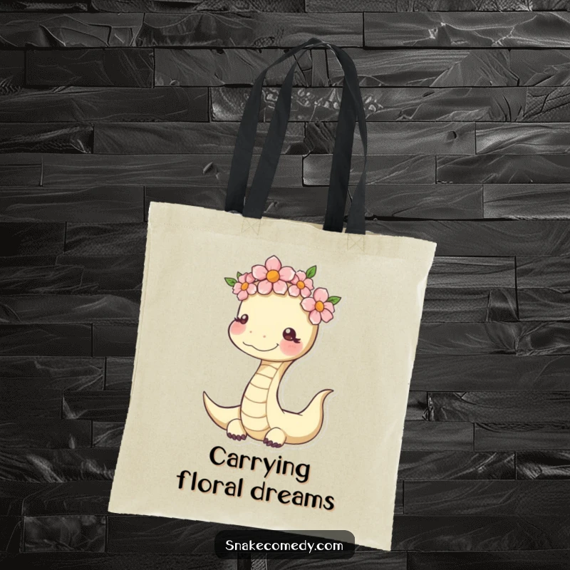 Funny Serene Snake Tote Bag: serpent with a flower crown, ideal for carrying calm and cheerful items.