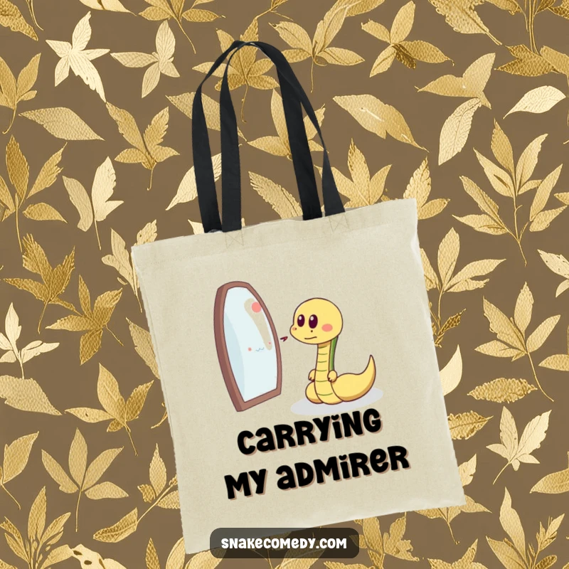 Funny snake chasing its reflection, delighted sigh, cartoon tote bag, perfect cute and funny gift.