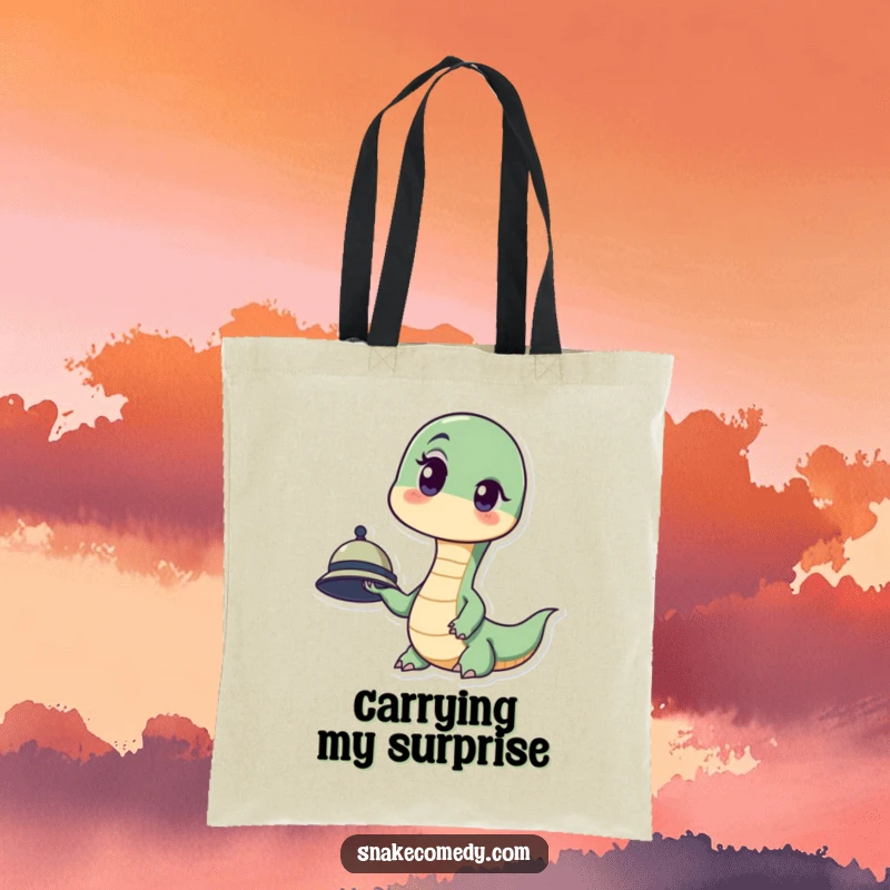 Funny tote bag with a snake character looking utterly surprised, one eyebrow up, holding a miniature hat.