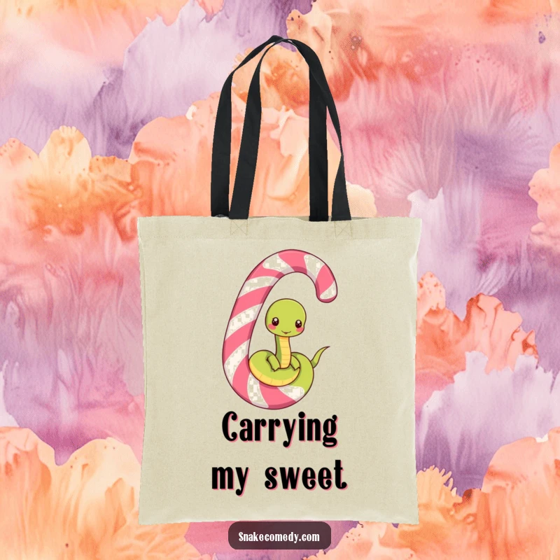 Funny tote bag with a happy snake character unwinding from a large, striped candy cane, perfect for stylish and humorous everyday use.