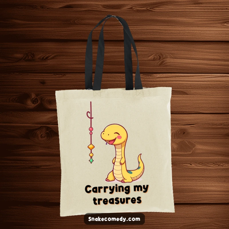 Funny Snake Tote Bag: A delighted snake playfully bats at a shiny, dangling charm, perfect for carrying essentials.