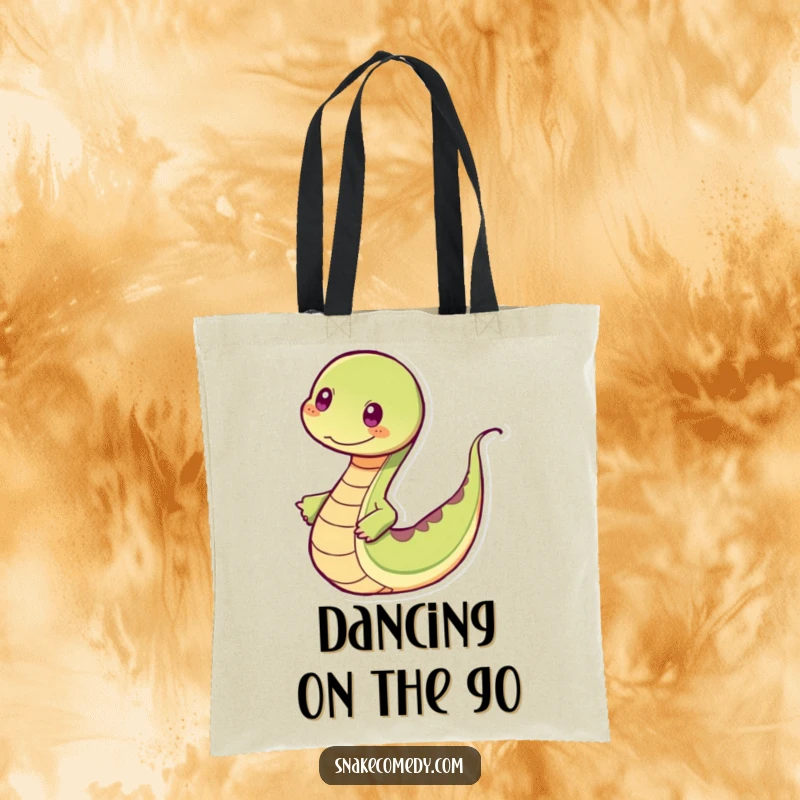 Funny snake tote bag featuring a snake dancing rhythmically with a visible wiggling tail, a joyful accessory.