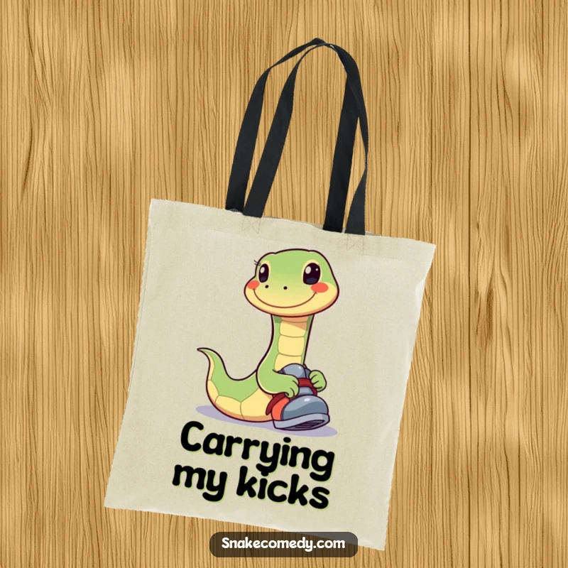 Funny tote bag showcasing a happy snake with a wide smile playfully putting its foot into a shoe, perfect for happy travels.