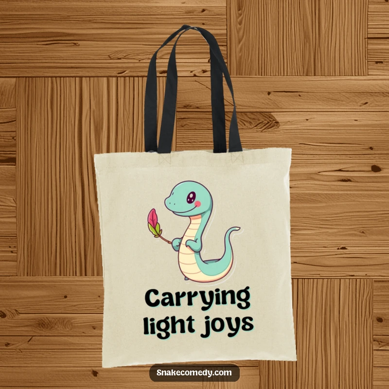 Funny slithering tote bag, happy character swaying while balancing a colorful feather, perfect for carrying essentials, a funny gift.