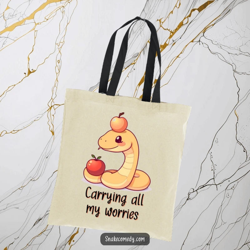 Funny snake character focused on balancing a shiny apple on its forehead, designed on a durable tote bag for a witty accessory.
