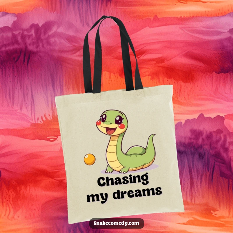 Funny Snake Ball Tote Bag: An excited snake with a fun wiggle is shown in hot pursuit of a bouncing toy ball.