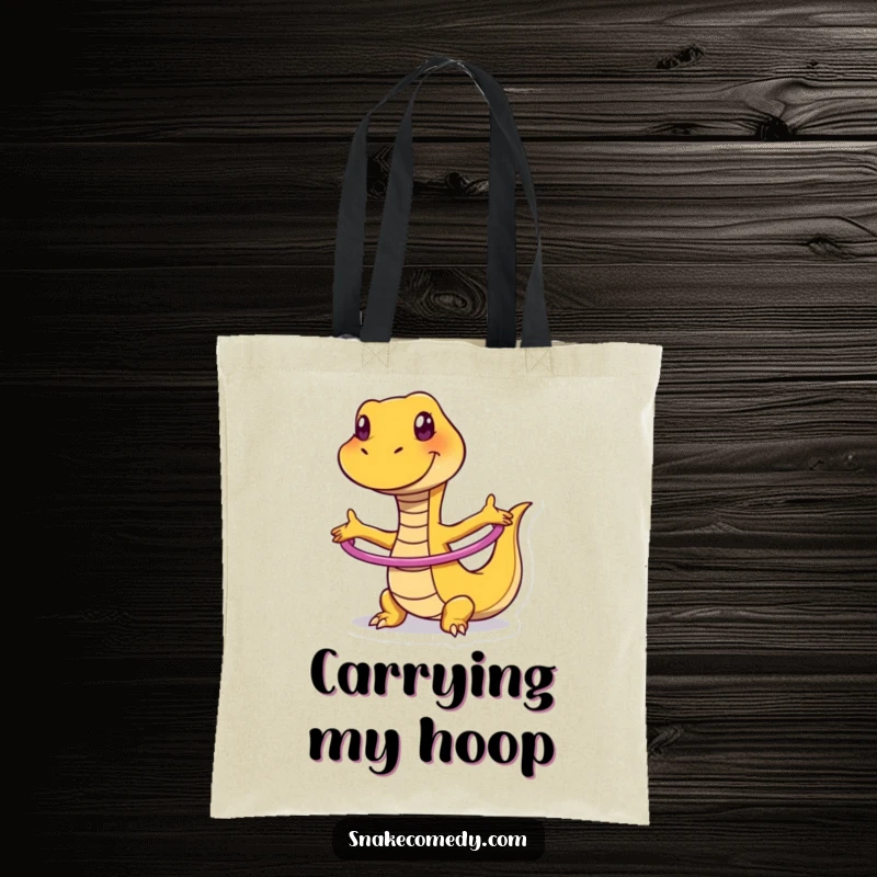 Funny tote bag featuring a smiling snake enthusiastically hula hooping, perfect for carrying groceries or giggles.