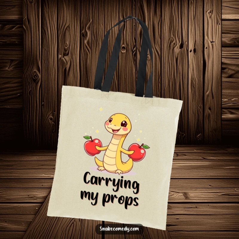 Funny snake juggling sparkly apples, gleeful wiggle, cartoon tote bag, perfect cute and funny gift.