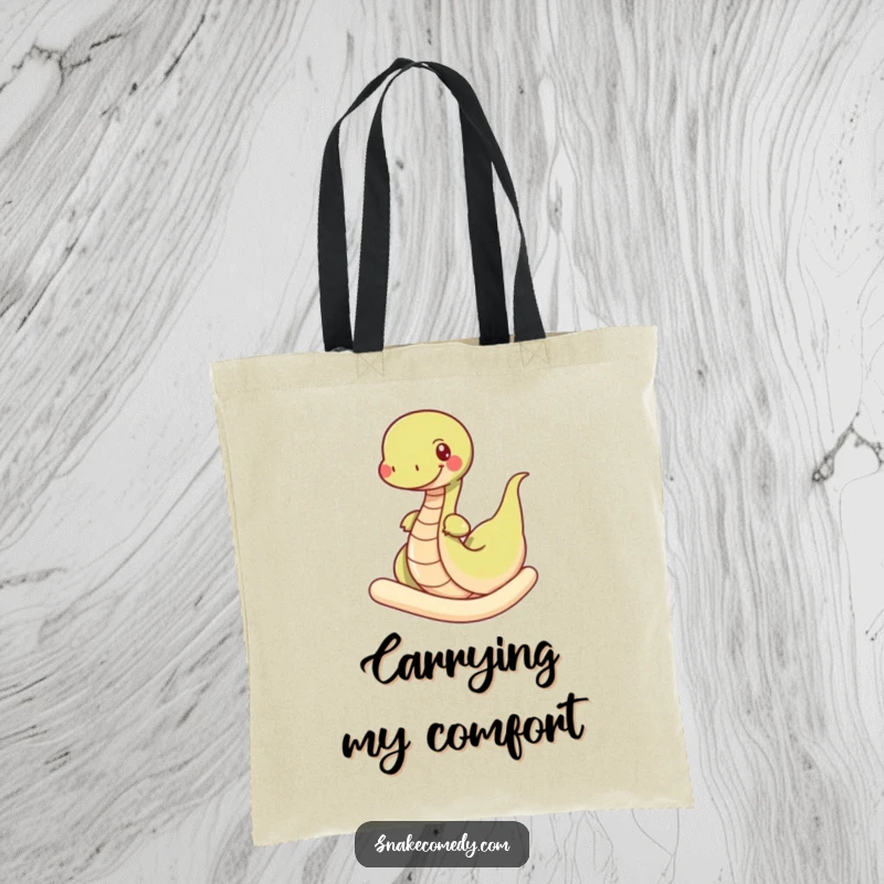 Funny snake tote bag, spacious and sturdy, depicting a snake happily wiggling through a giant soft noodle, great for groceries.