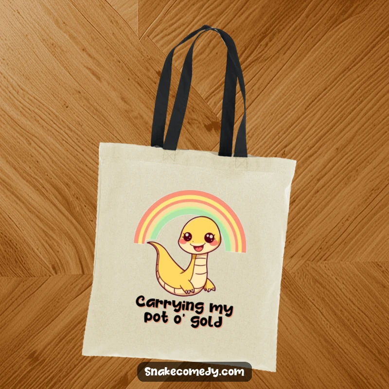 Funny snake tote bag illustrating a happy snake character playfully slithering down a rainbow with an enormous, cheerful grin.