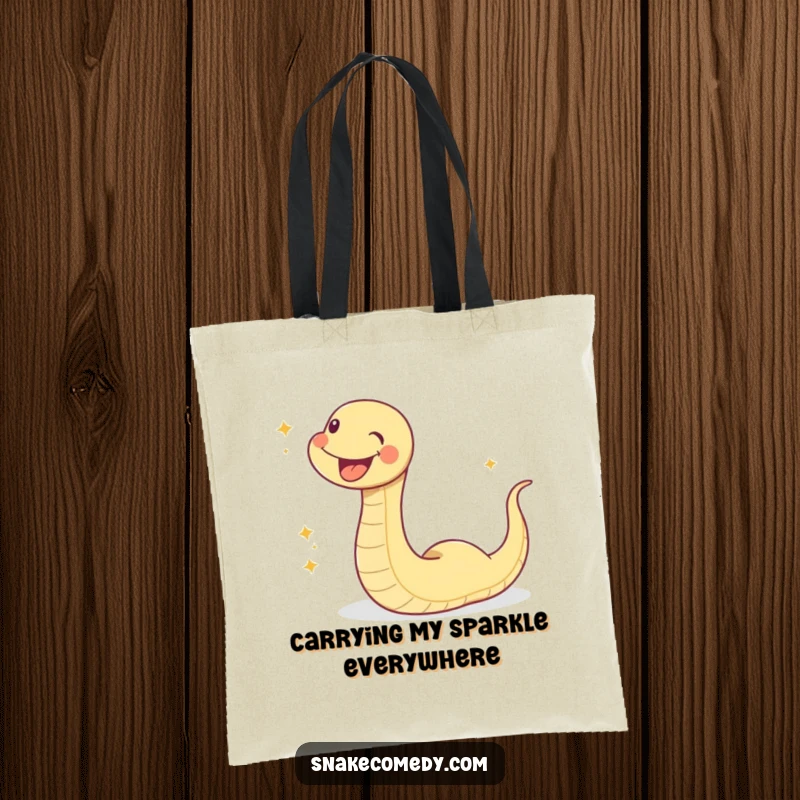 Funny sparkle snake tote bag, a happy snake character leaving a trail of glitter as it slithers, practical and eye-catching.