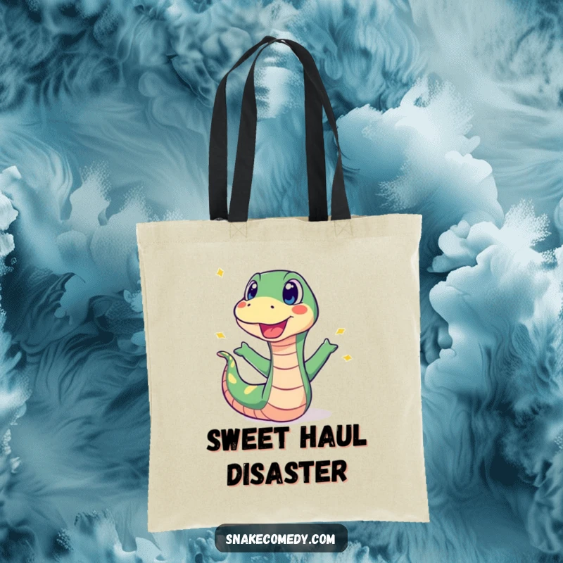 Funny tote bag featuring a surprised snake recoiling from a popping, colorful sweet, perfect for carrying necessities with humor.