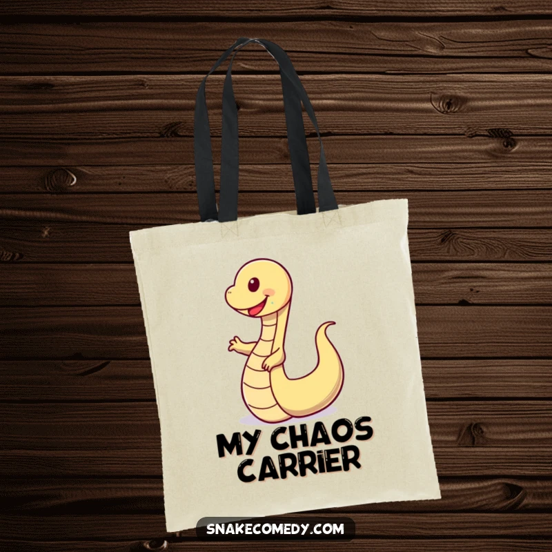 Funny tote bag with a happy snake doing a funny, wobbly tail dance, perfect for carrying essentials with a dose of humor.
