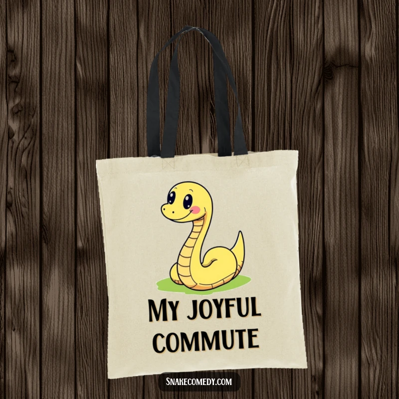 Funny snake character joyfully slithering on a curved, colorful path, depicted on a practical and humorous tote bag.