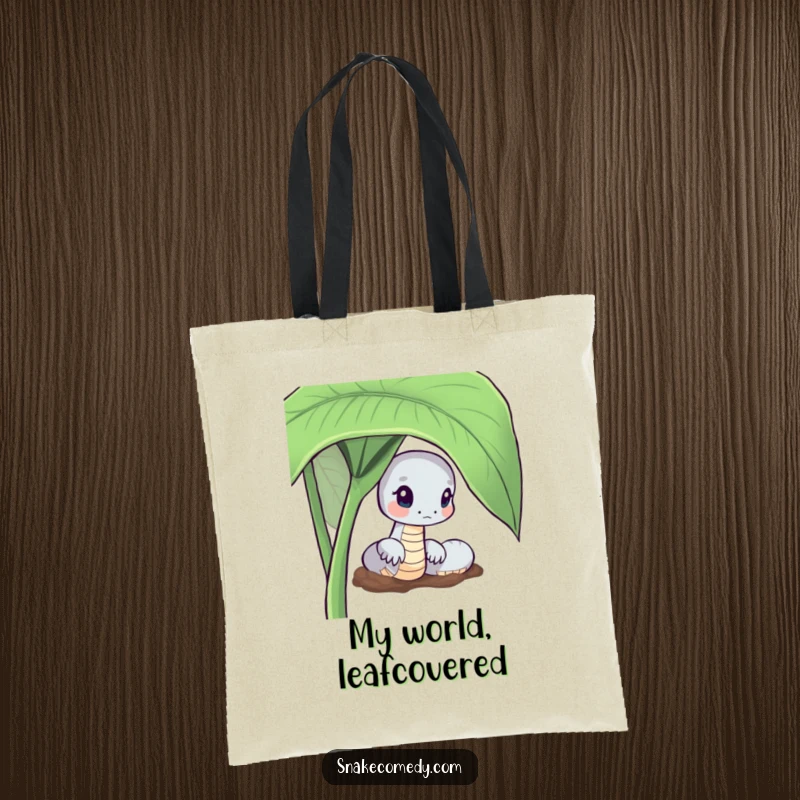 Funny Curious Snake Tote Bag: serpent peeking from a leaf, ideal for carrying items with intrigue.