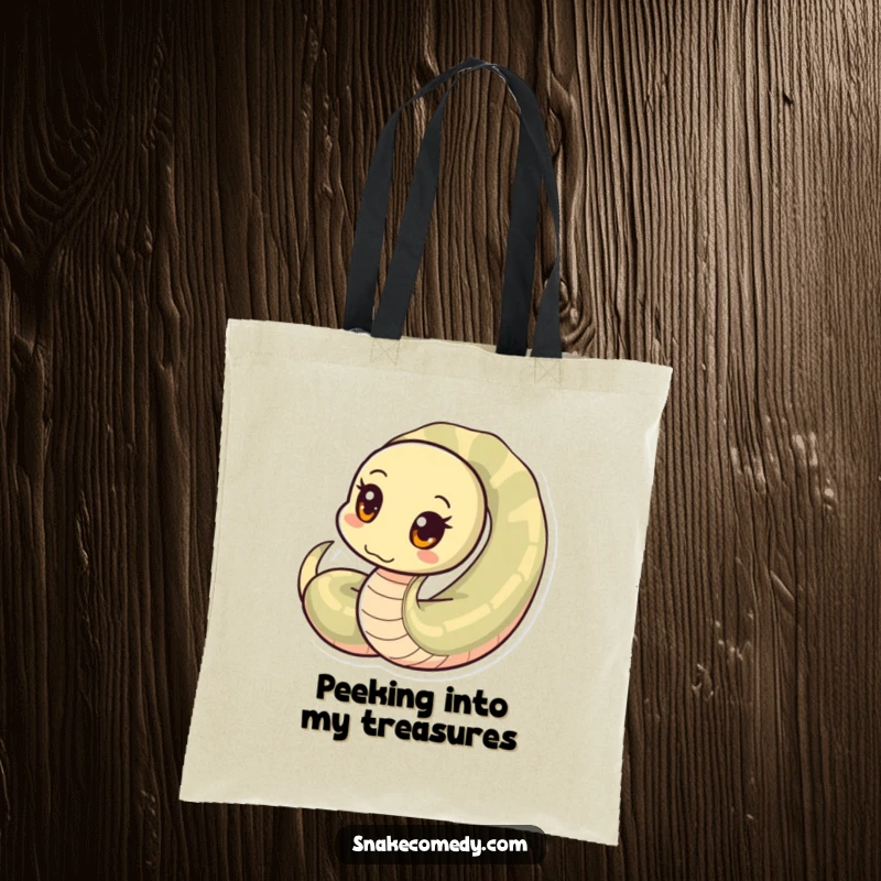 Funny snake tote bag, curious snake with circular eyes peeking from its coil, perfect for carrying essentials, a funny gift.